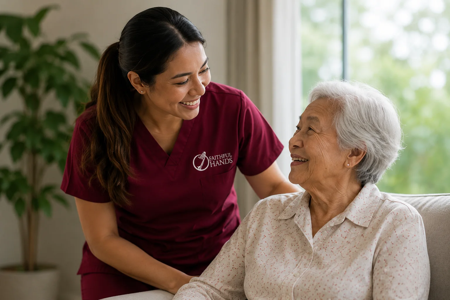 A caregiver and older woman smiling together