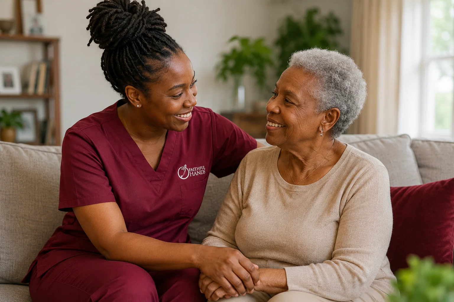 A caregiver and older woman spending time together at home