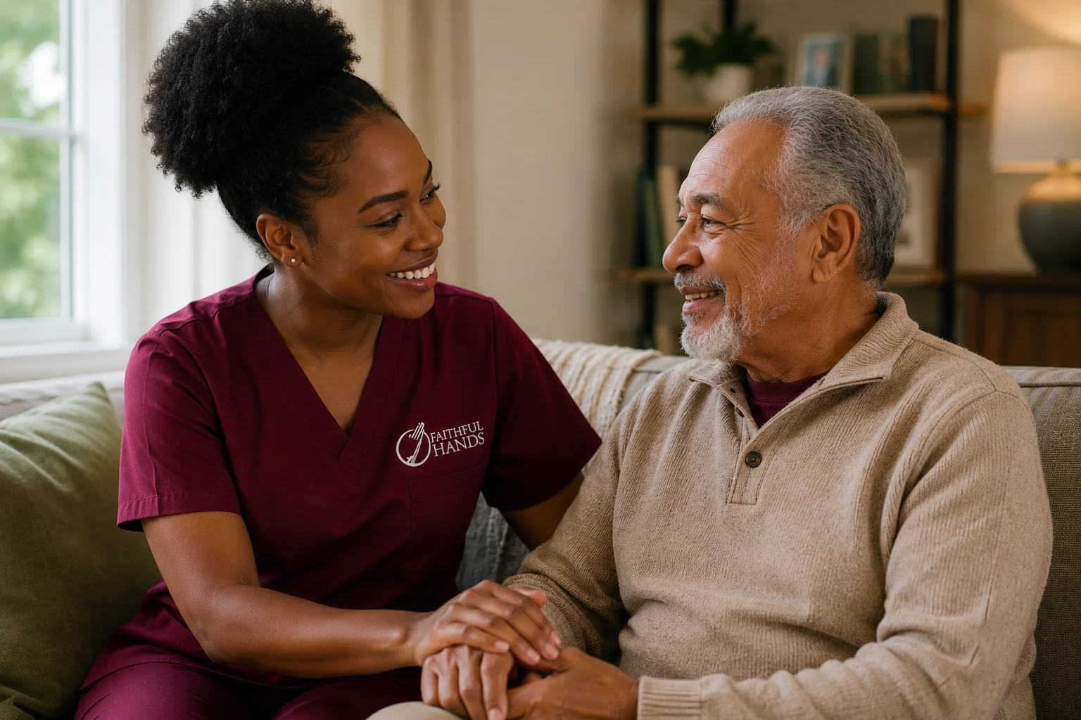A caregiver sharing conversation with an older man