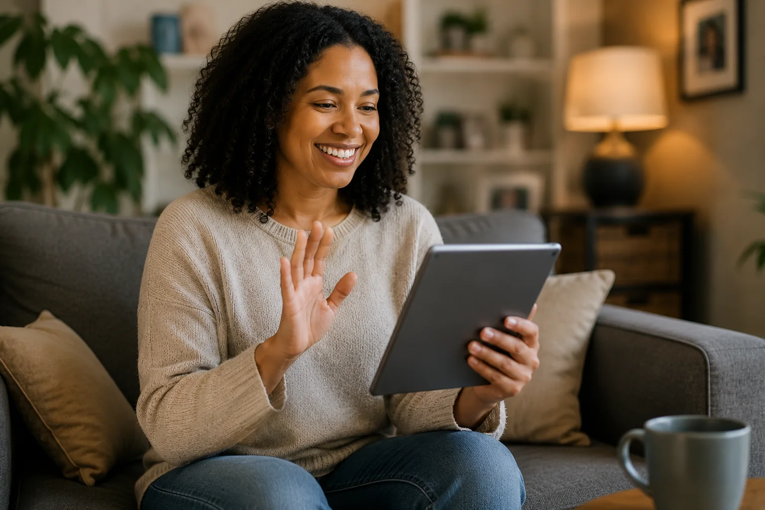 A family member connecting by video call from home