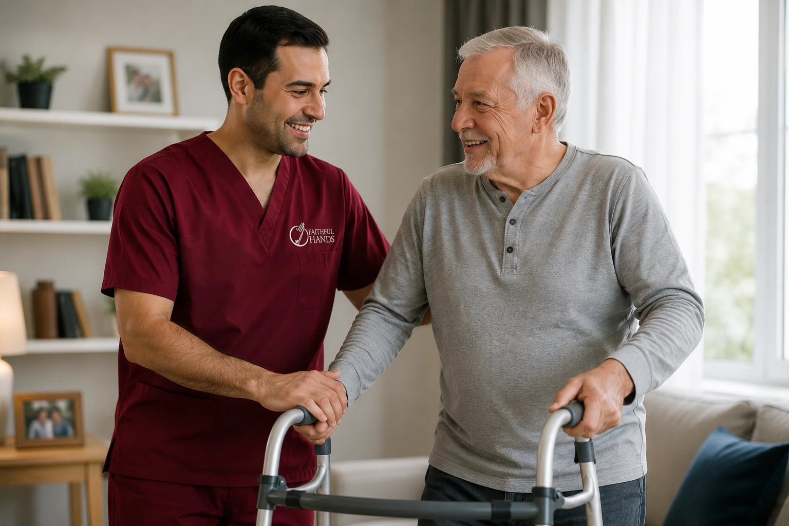 A caregiver helping an older man move confidently at home